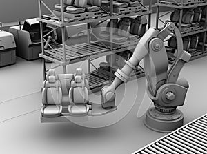 Clay rendering of heavyweight robotic arm picking car seats in car assembly production line