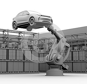 Clay rendering image of heavyweight robotic arm carrying white SUV in the assembly factory