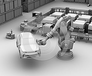 Clay rendering image of heavyweight robotic arm carrying white SUV in the assembly factory