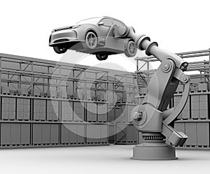 Clay rendering image of heavyweight robotic arm carrying white SUV in the assembly factory