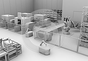 Clay rendering of mobile robots, heavy payload robot cell and CNC machines