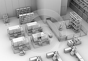 Clay rendering of mobile robots, heavy payload robot cell and CNC machines