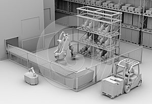 Clay rendering of mobile robots, heavy payload robot cell and CNC machines