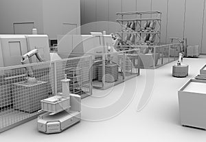 Clay rendering of mobile robots, heavy payload robot cell and CNC machines