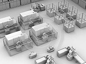 Clay rendering of mobile robots, heavy payload robot cell and CNC machines