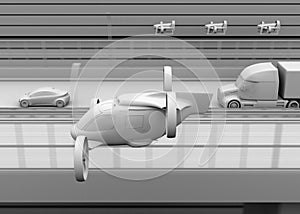 Clay rendering of Passenger Drone Taxi, fleet of delivery drones flying along with truck driving on the highway