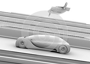 Clay rendering of self-driving passenger drone taxi and autonomous electric car on the highway