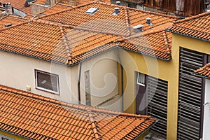 Clay rooftops forming shapes at O Porto, Portugal