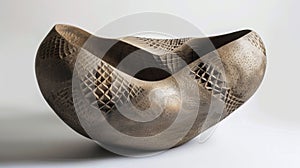 A clay sculpture with abstract geometric textures intricately etched into its surface adding depth and interest to the