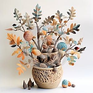 Clay Sculpture Of Fall Birds And Leaves By Roberta Aikens