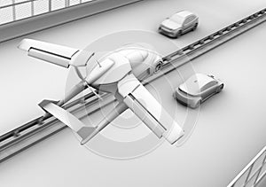 Clay shading rendering of futuristic flying car flying over traffic jam in the highway