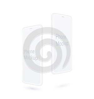 Clay smartphone mockup, flying realistic mobile device set with blank screen isolated on white background. Presentation