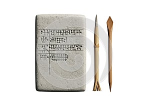 Clay tablet featuring cuneiform script, surrounded by two stylized writing tools. The