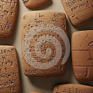 Clay tablets featuring cuneiform script, an ancient system of writing used in Mesopotamia
