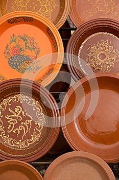 Clay Tajines for sale in a market stall, Morocco