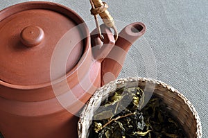 Clay teapot and basket of tea leaves