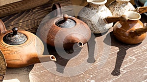 Clay teapots with long spouts and lids. Clay dishes. Copy space for text