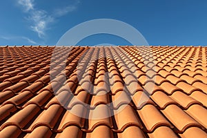 Clay tile roof close-up. New roofing made of orange clay tiles with blue sky in the background, free space for text, copy space