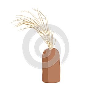 Clay vase with a dried palm leaf. Simple interior decor. Abstract feminine vector illustrations. Summer girly trendy