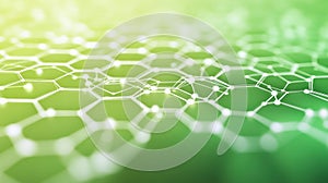 A clean, abstract networking background with a hexagonal grid in white and light green, connected