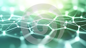 A clean, abstract networking background with a hexagonal grid in white and light green, connected