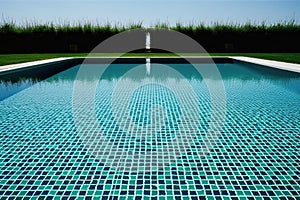 Clean and appetizing blue swimming pool ready to dive with green grass around. Generative AI