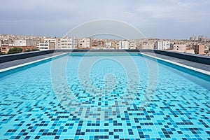 Clean and appetizing blue swimming pool ready to dive in urban surrounding. Generative AI