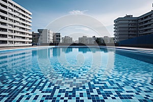 Clean and appetizing blue swimming pool ready to dive in urban surrounding. Generative AI