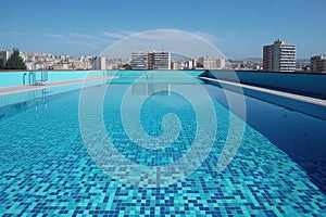 Clean and appetizing blue swimming pool ready to dive in urban surrounding. Generative AI