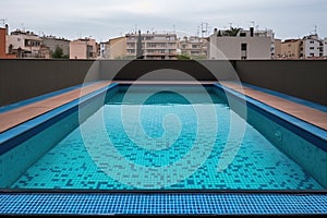 Clean and appetizing blue swimming pool ready to dive in urban surrounding. Generative AI