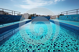 Clean and appetizing blue swimming pool ready to dive in urban surrounding. Generative AI