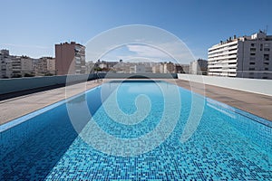 Clean and appetizing blue swimming pool ready to dive in urban surrounding. Generative AI