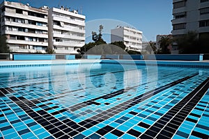 Clean and appetizing blue swimming pool ready to dive in urban surrounding. Generative AI