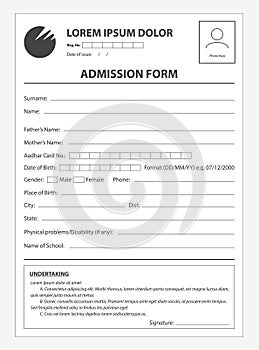 Clean application form for admission. Document concept for business registration