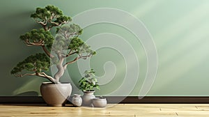 Clean blank sage green wall with large Japanese bonsai tree in old concrete pot stand on brown parquet floor in sunlight for