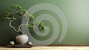 Clean blank sage green wall with large Japanese bonsai tree in old concrete pot stand on brown parquet floor in sunlight for