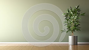 clean blank sage green wall with tropical tree in green modern design pot, baseboard on wooden parquet