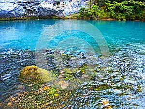 Clean blue water in blue lake in mountain