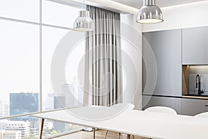 Clean bright and concrete kitchen interior with dining area, curtain, window and city view. Luxury designs concept. 3D