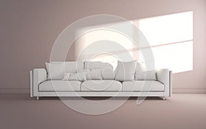 Clean bright room with modern sofa and sunlight coming through the window