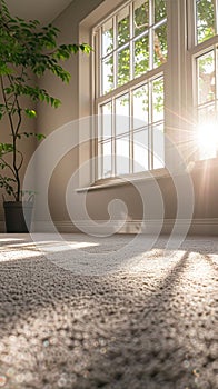 Clean carpet in an unoccupied room, breeze entering through windows, bright daylight, side view