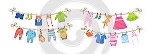 Clean child small clothes, cloth rope, kids dry clothing on clothesline