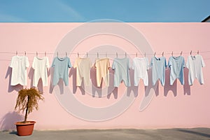 Clean children's clothes hanging on a washing line on the street