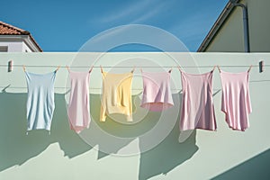 Clean children's clothes hanging on a washing line on the street