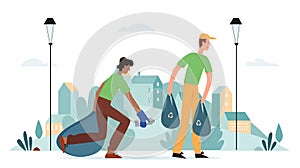 Clean city vector illustration, cartoon flat happy man cleaner characters working in urban cityscape, pick up litter