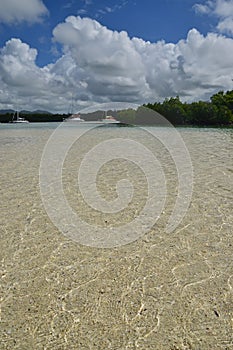 The clean clear and shallow transparent sea water off Ile aux Cerfs Mauritius on sandy beach