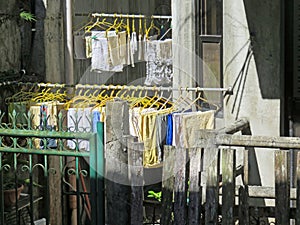 Clean clothes hanging on washing line drying