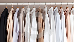 Clean clothes white and beige men\'s shirts on hangers after dry-cleaning or for sale in the shop on white background