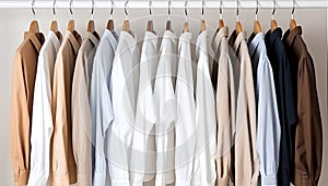 Clean clothes white and beige men\'s shirts on hangers after dry-cleaning or for sale in the shop on white background