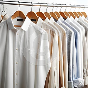 Clean clothes white and beige men\'s shirts on hangers after dry-cleaning or for sale in the shop on white background